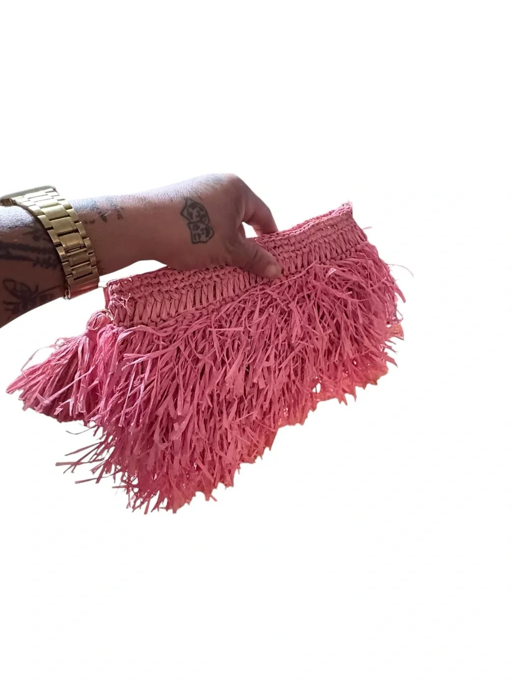 Pink Raffia Fringe Clutch with Tassel